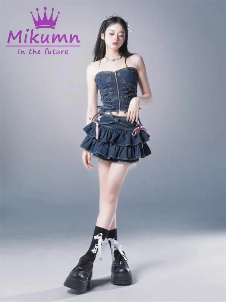 Mikumn Blue Denim Pleated Skirt Y2K Aesthetic Sweet