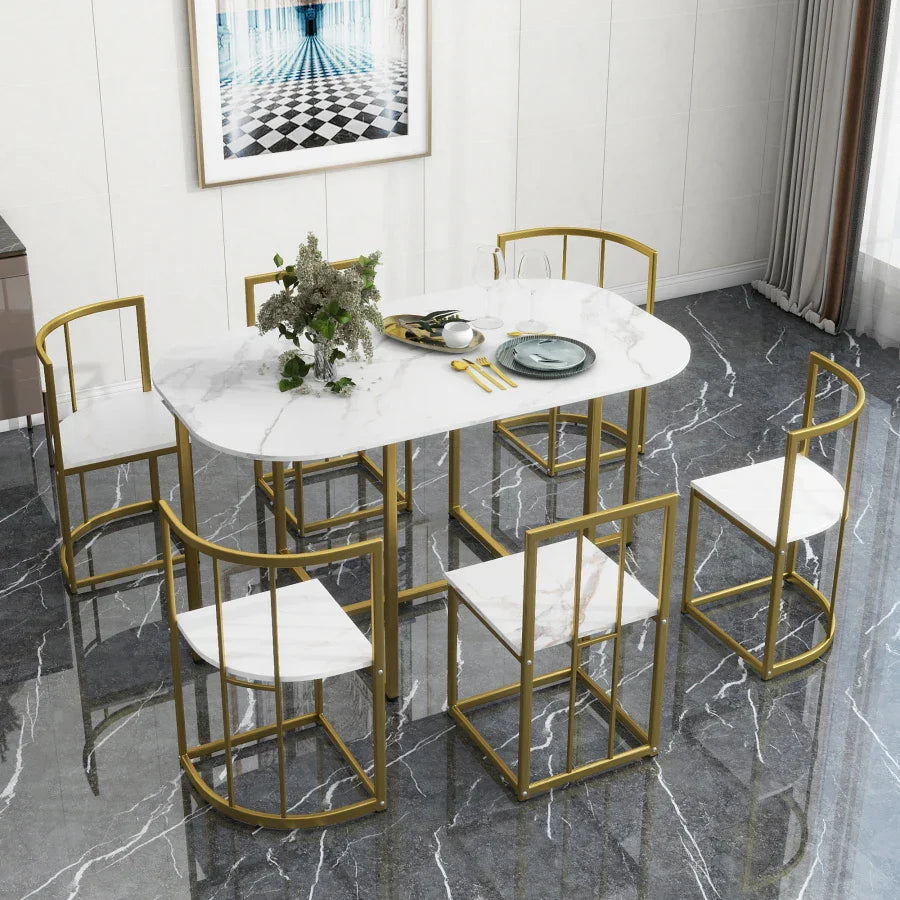 Modern 7-Piece Dining Table Set with Faux Marble