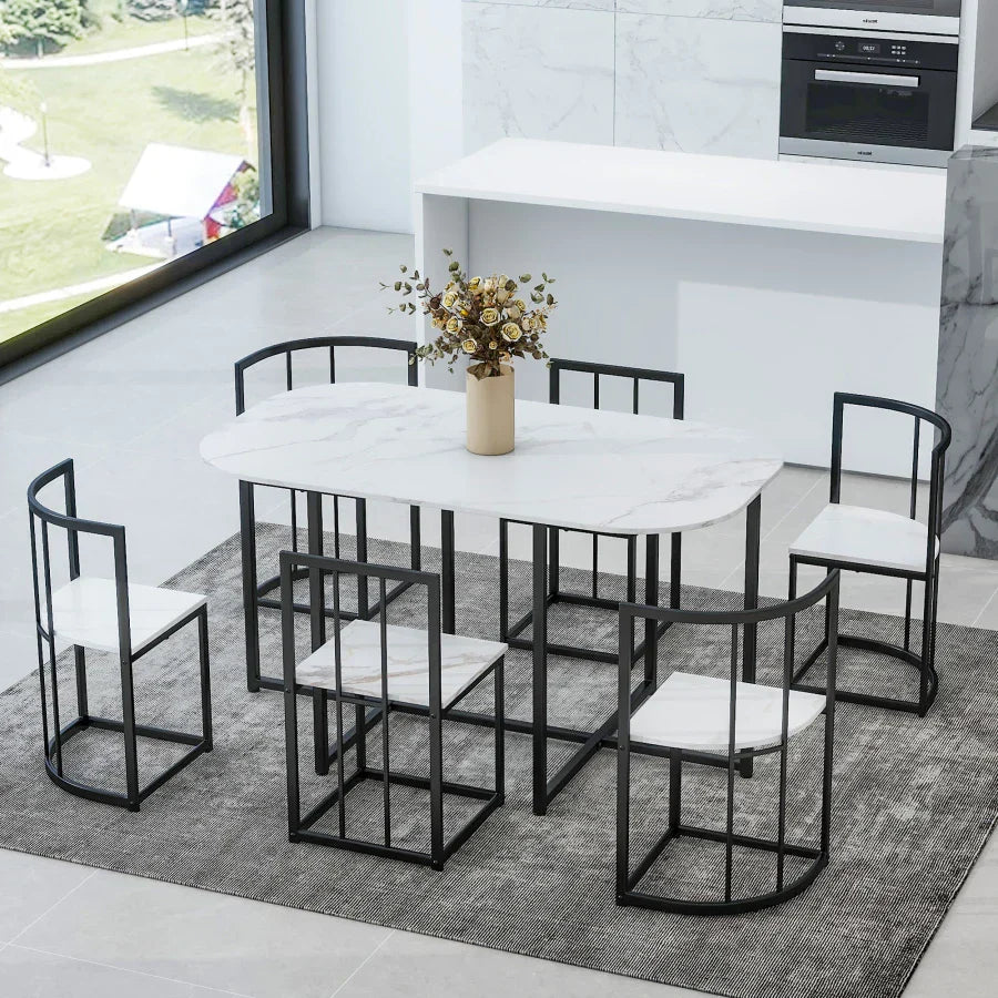Modern 7-Piece Dining Table Set with Faux Marble