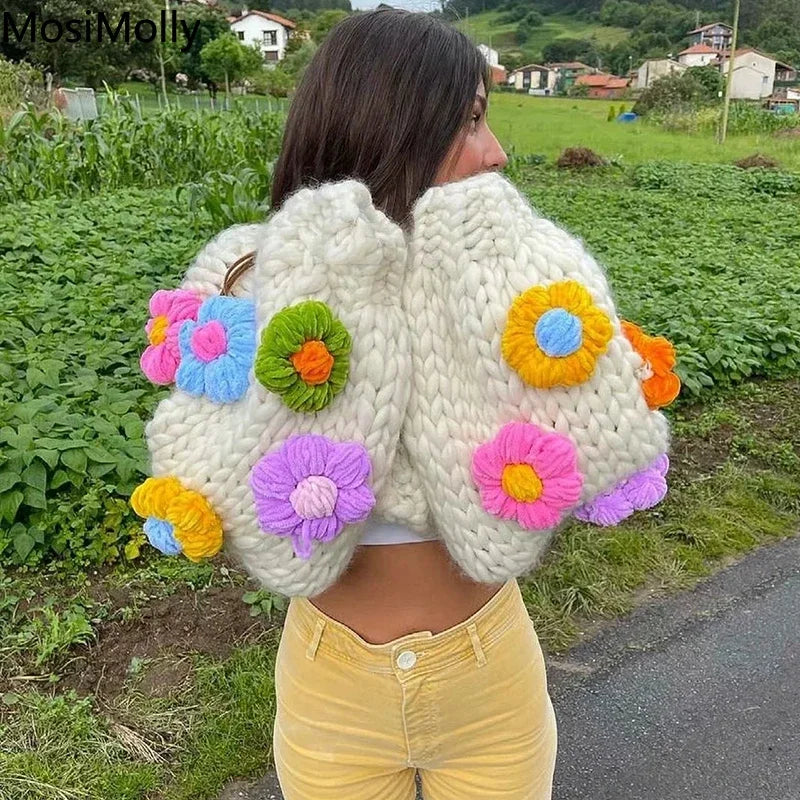 MosiMolly Cardigan Women Sweater Handmade Flower Sweater Cardigan