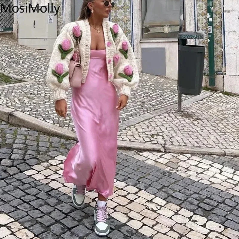 MosiMolly Cardigan Women Sweater Handmade Flower Sweater Cardigan