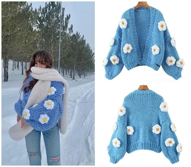 MosiMolly Cardigan Women Sweater Handmade Flower Sweater Cardigan