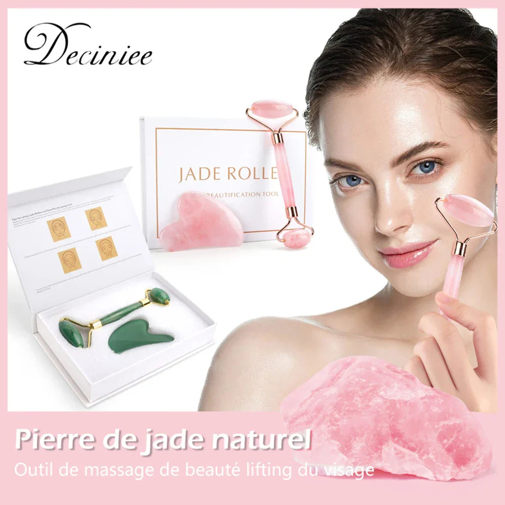 Natural Rose Quartz Jade Roller Gua Sha Set