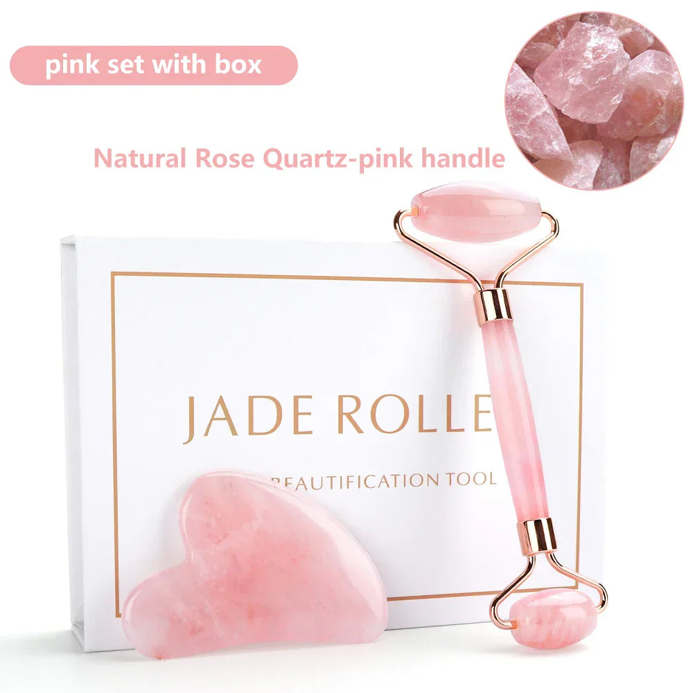 Natural Rose Quartz Jade Roller Gua Sha Set