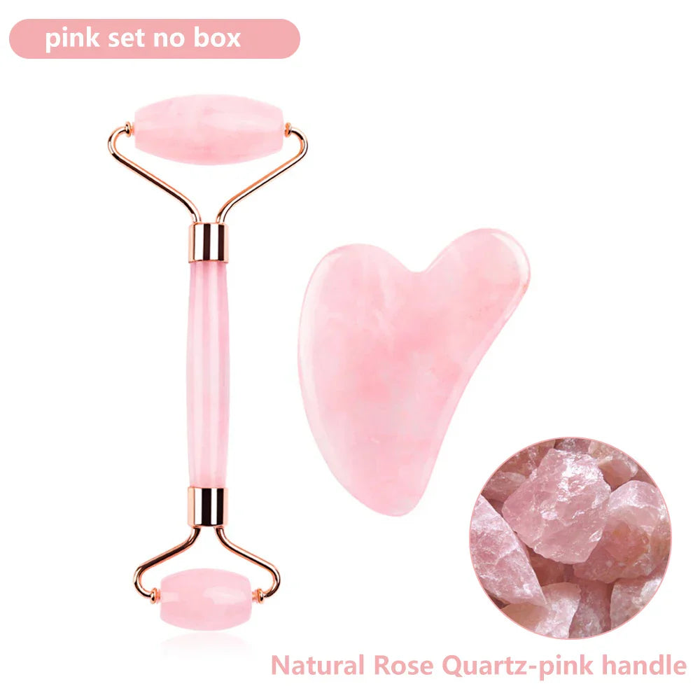 Natural Rose Quartz Jade Roller Gua Sha Set