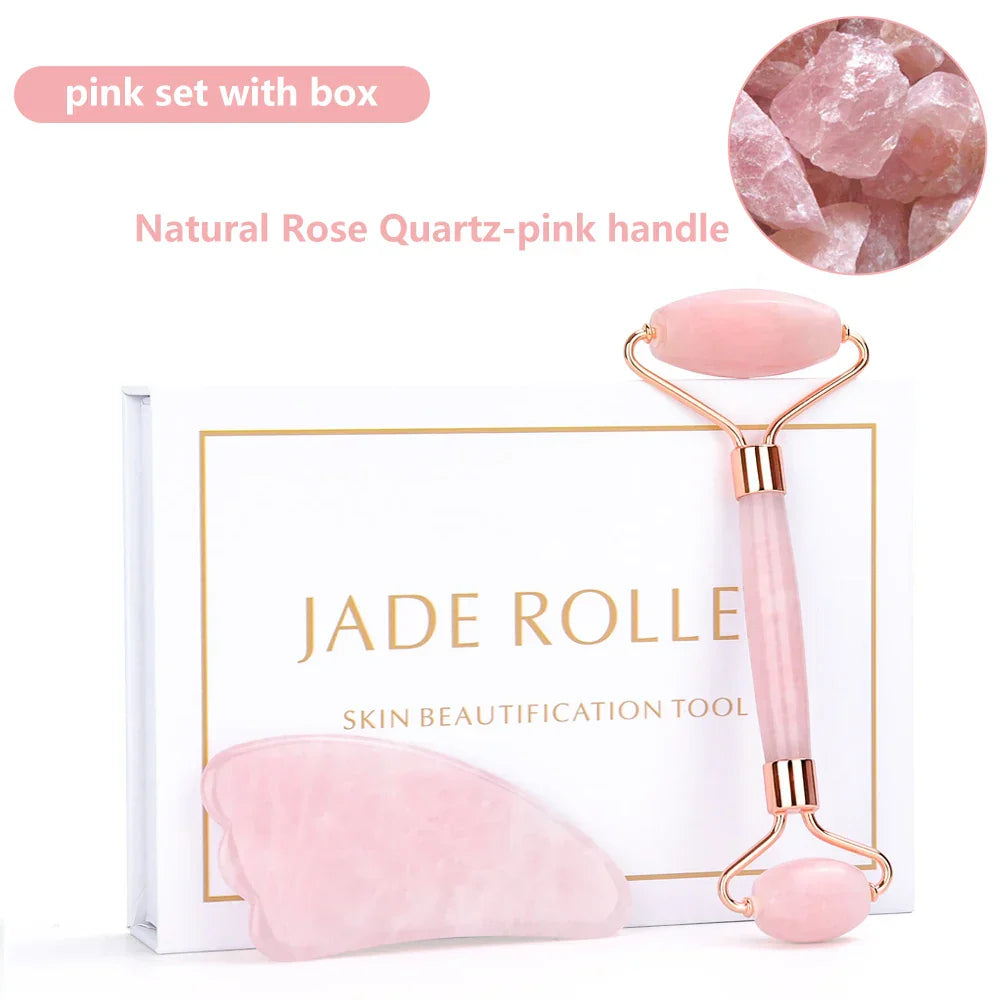 Natural Rose Quartz Jade Roller Gua Sha Set