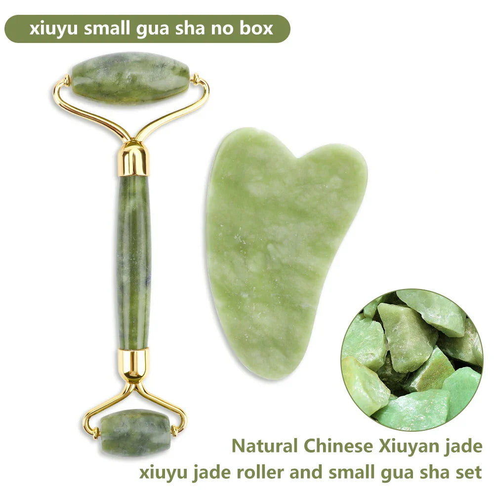 Natural Rose Quartz Jade Roller Gua Sha Set