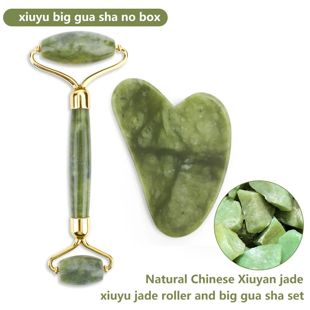 Natural Rose Quartz Jade Roller Gua Sha Set