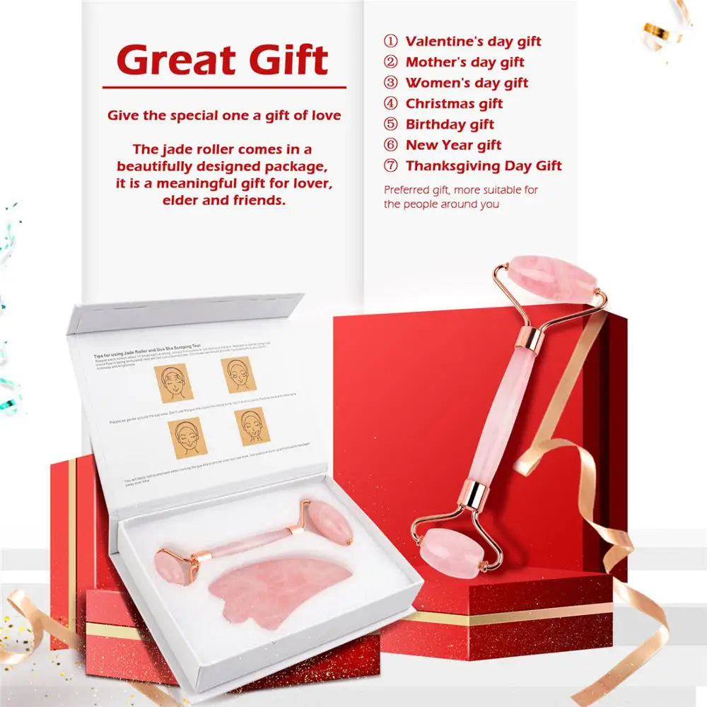 Natural Rose Quartz Jade Roller Gua Sha Set