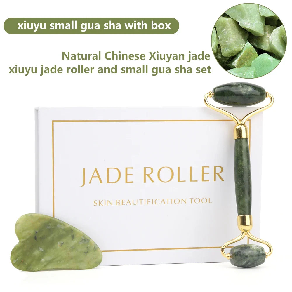Natural Rose Quartz Jade Roller Gua Sha Set