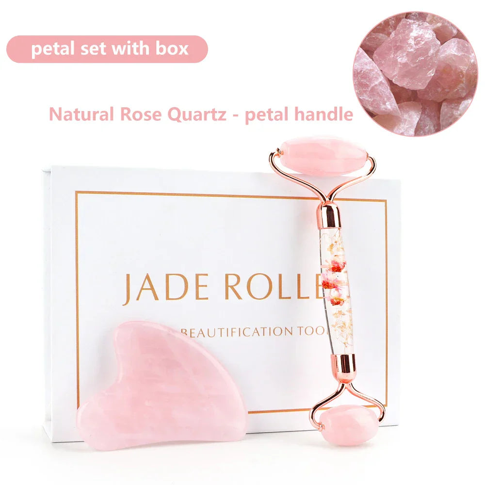 Natural Rose Quartz Jade Roller Gua Sha Set
