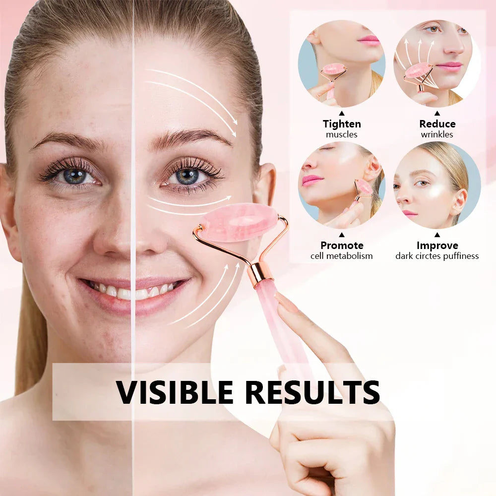 Natural Rose Quartz Jade Roller Gua Sha Set