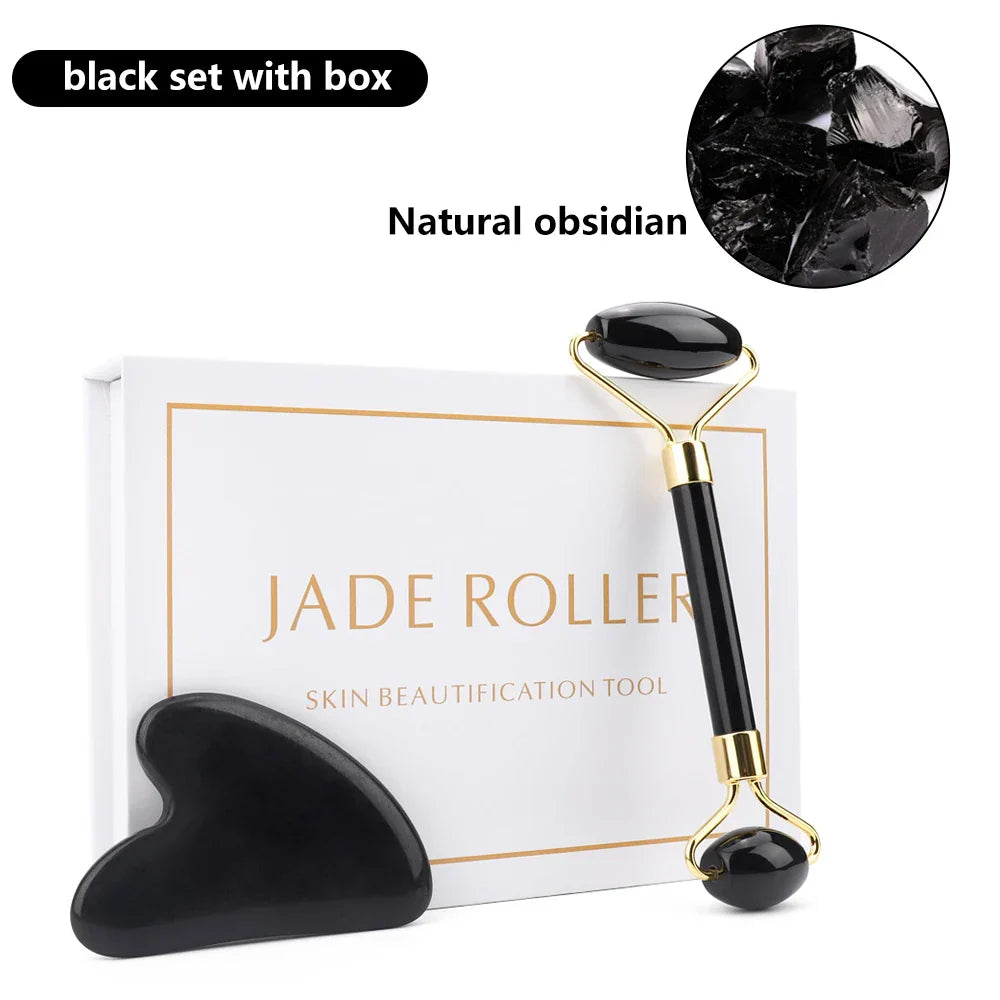 Natural Rose Quartz Jade Roller Gua Sha Set
