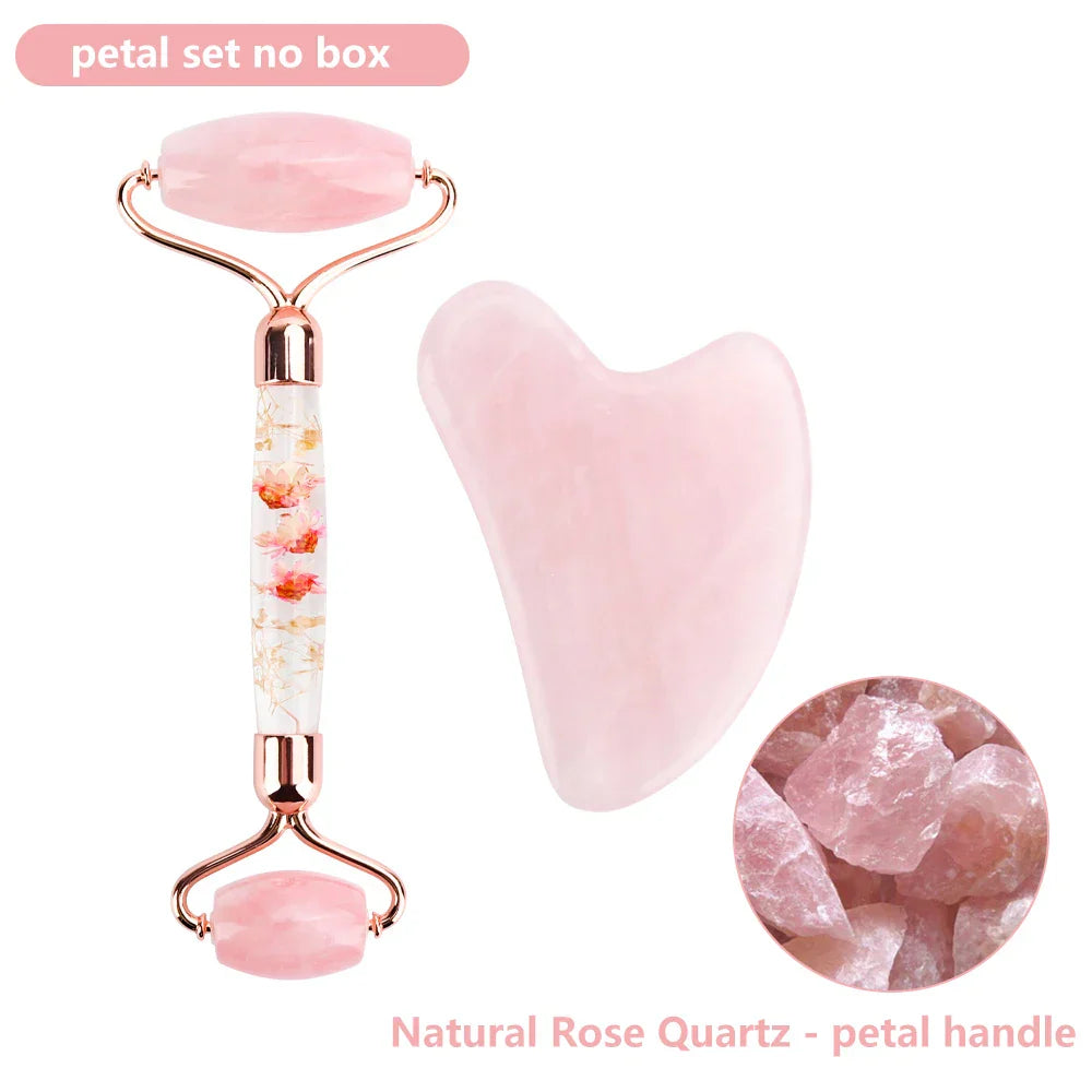 Natural Rose Quartz Jade Roller Gua Sha Set