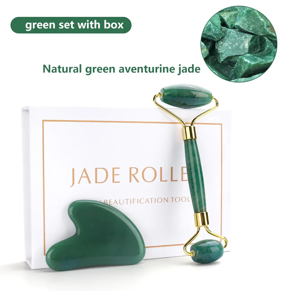 Natural Rose Quartz Jade Roller Gua Sha Set