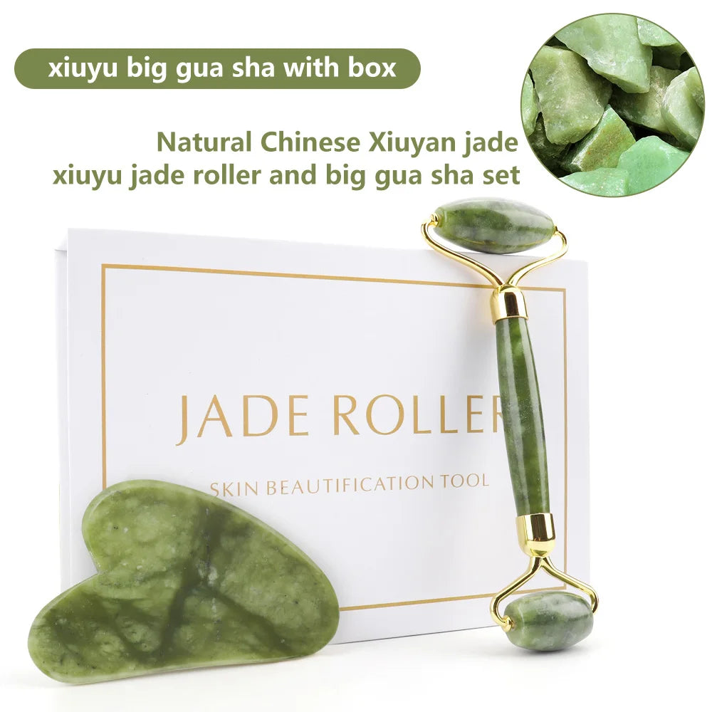 Natural Rose Quartz Jade Roller Gua Sha Set