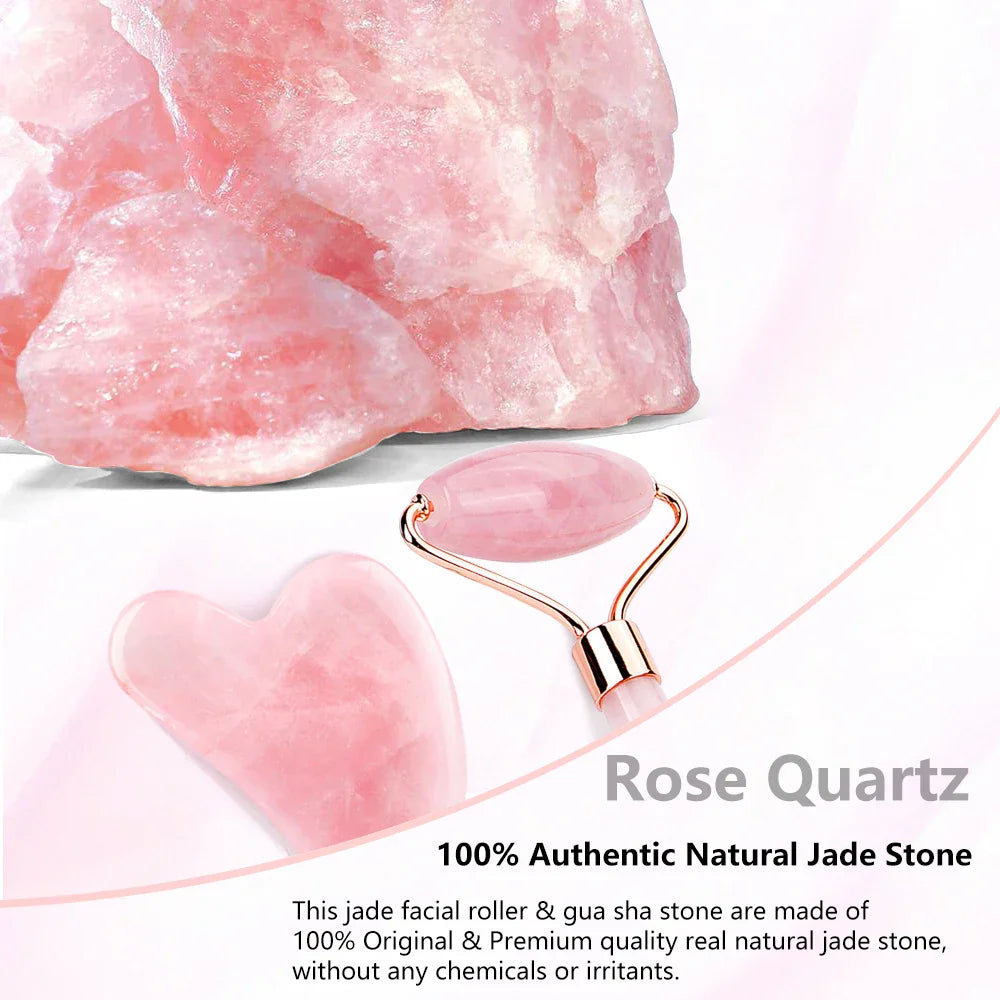 Natural Rose Quartz Jade Roller Gua Sha Set