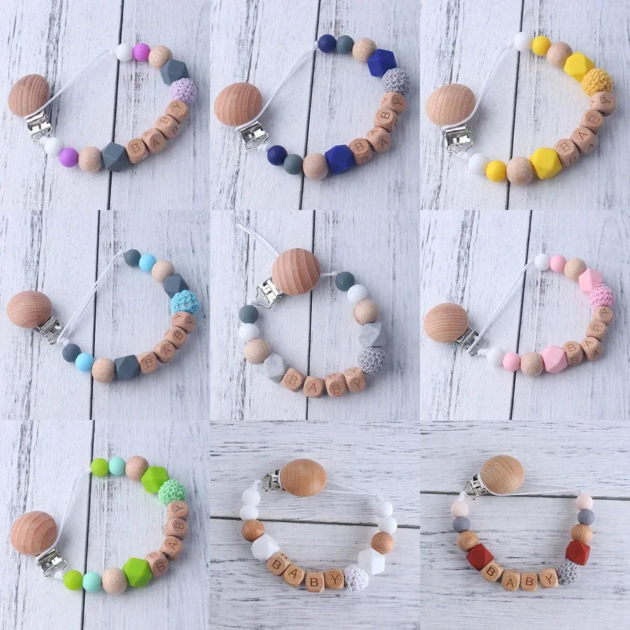 New Handmade Beech Pacifier Clips Holder Chain Silicone