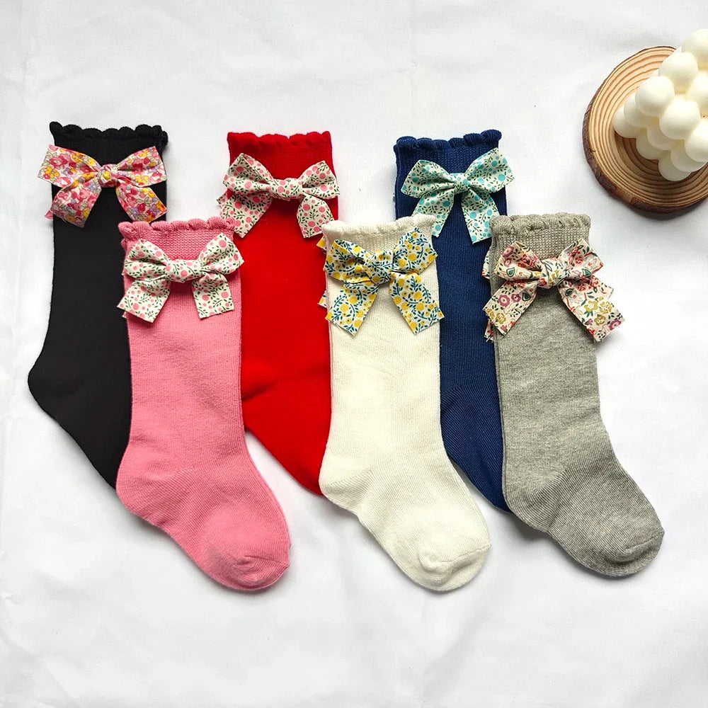 New Toddler Girls Knee High Socks Flower Bows