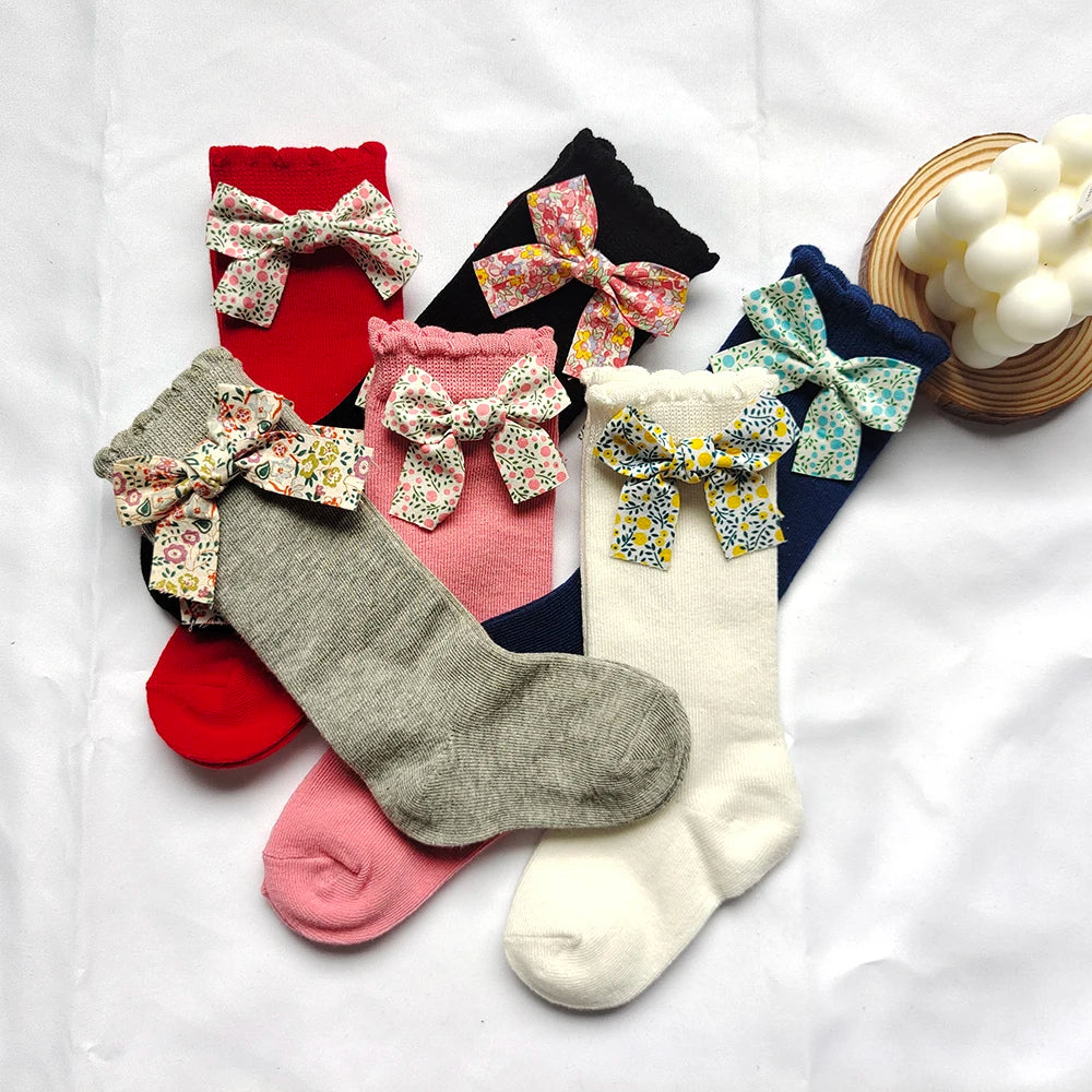 New Toddler Girls Knee High Socks Flower Bows