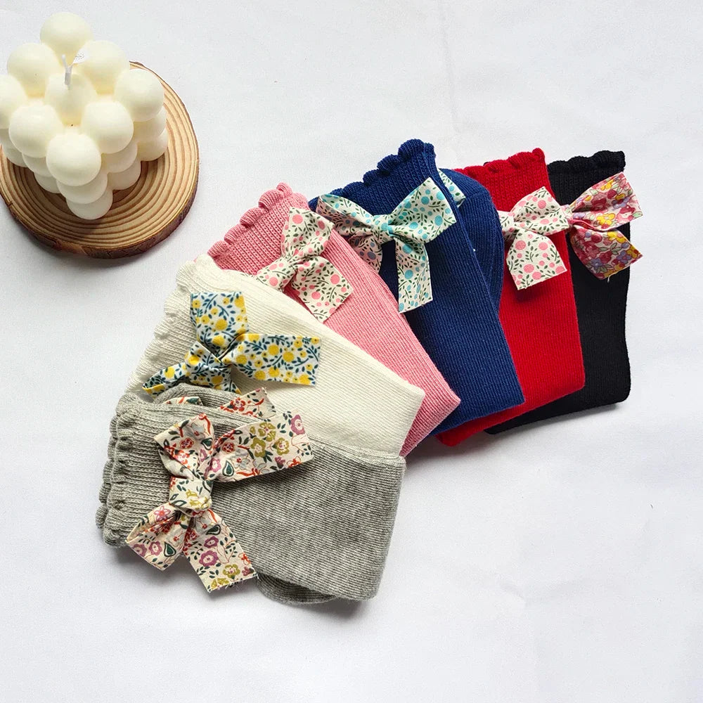New Toddler Girls Knee High Socks Flower Bows