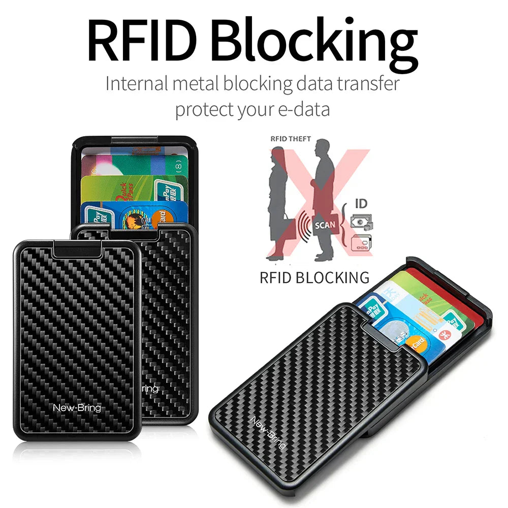 NewBring Card Holder RFID Blocking Sliding Wallet Card Holder Plastic Card Money Purse Carbon Fiber For Men Women Male Female