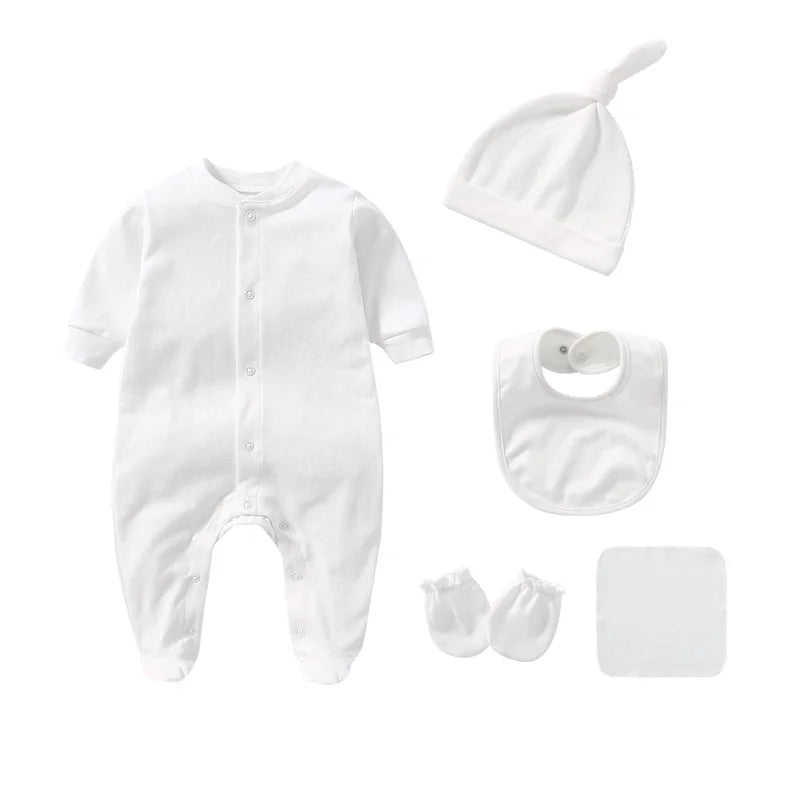 Newborn Baby Rompers+Mittens+Hats+Socks Set 100%cotton Print Unisex Baby