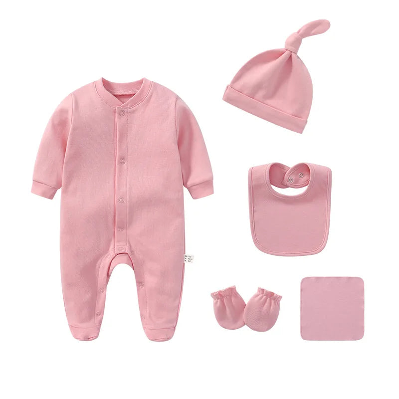 Newborn Baby Rompers+Mittens+Hats+Socks Set 100%cotton Print Unisex Baby
