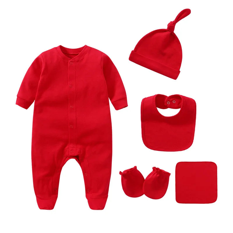Newborn Baby Rompers+Mittens+Hats+Socks Set 100%cotton Print Unisex Baby