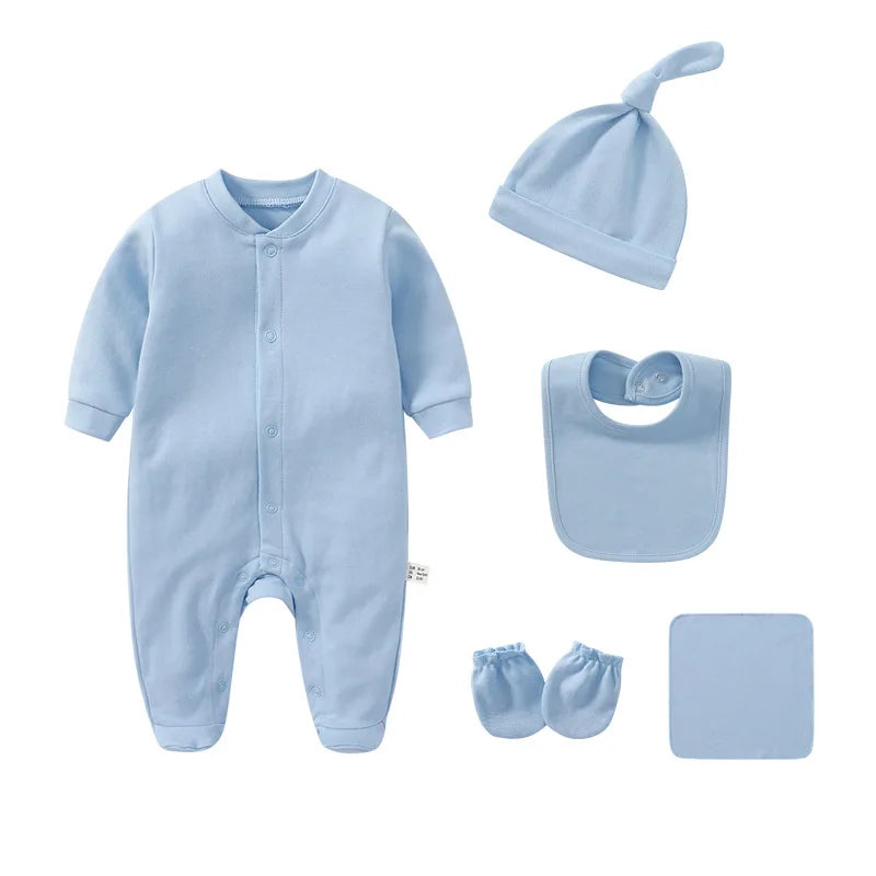 Newborn Baby Rompers+Mittens+Hats+Socks Set 100%cotton Print Unisex Baby