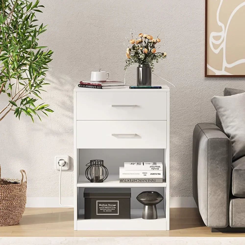 Nightstand with Charging Station, 2 Drawers Bedside Table