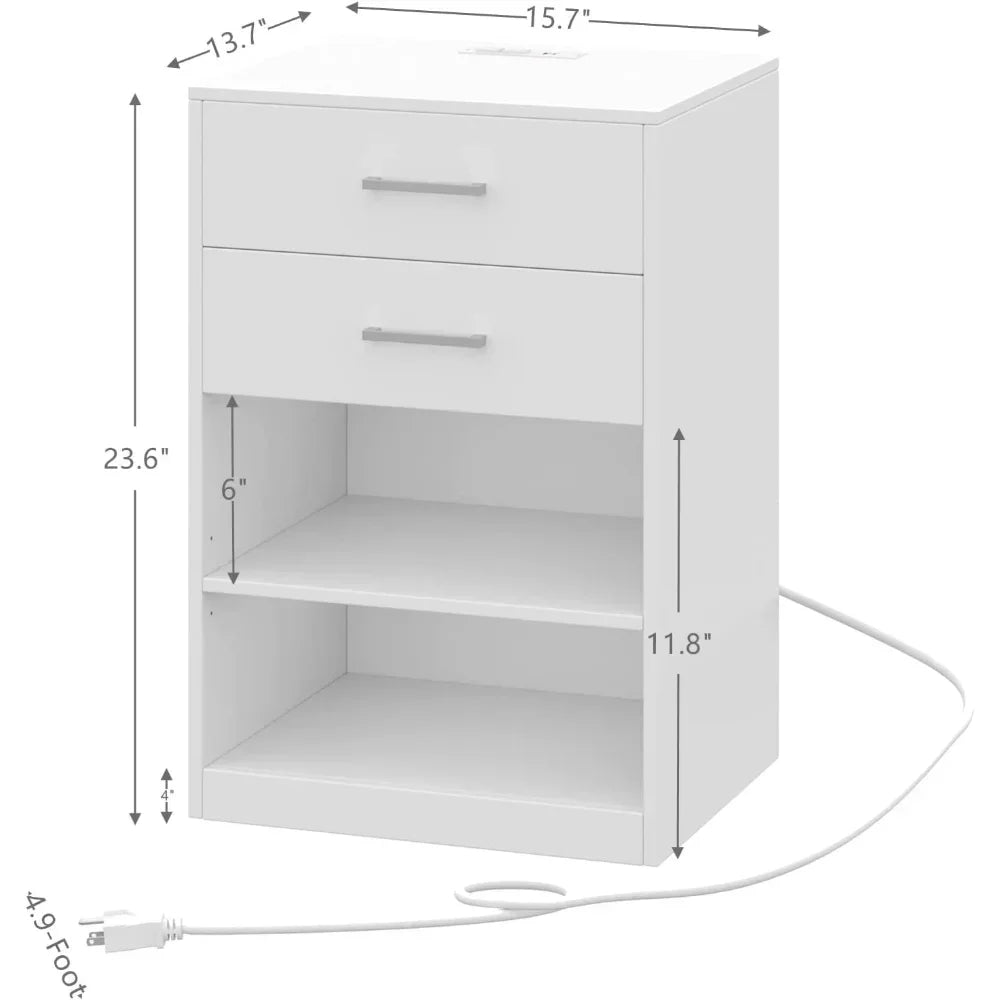 Nightstand with Charging Station, 2 Drawers Bedside Table