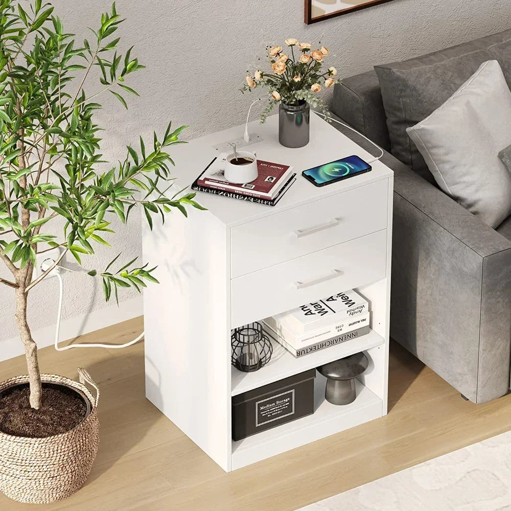 Nightstand with Charging Station, 2 Drawers Bedside Table