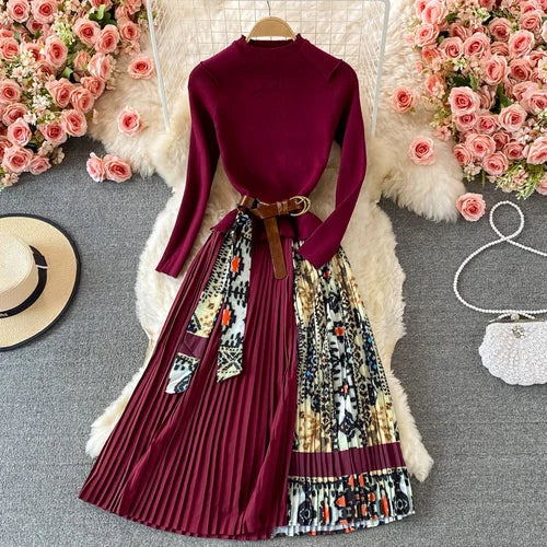 OCEANLOVE Print Vestidos Knitting Vintage Korean 2022 Autumn
