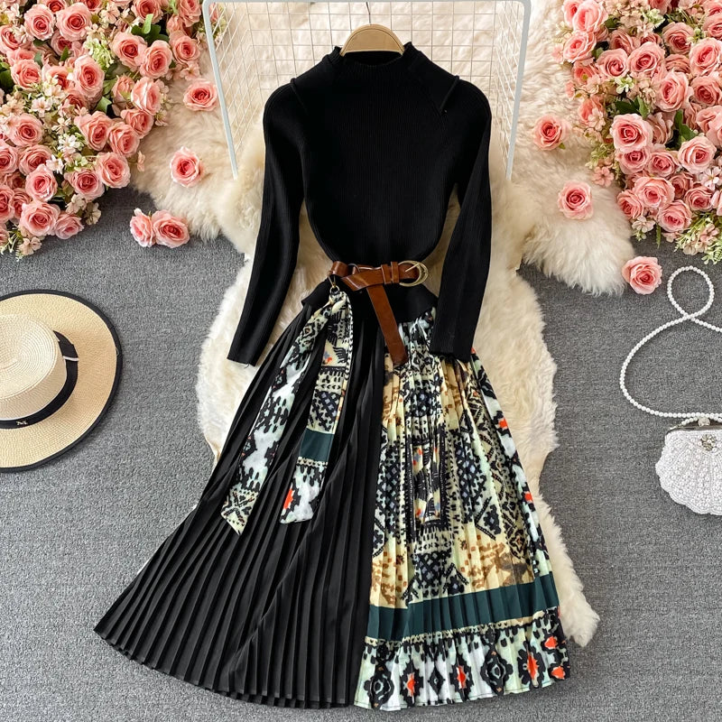OCEANLOVE Print Vestidos Knitting Vintage Korean 2022 Autumn