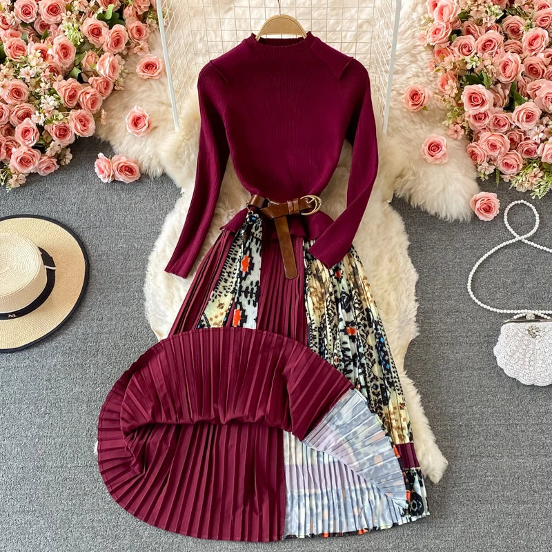 OCEANLOVE Print Vestidos Knitting Vintage Korean 2022 Autumn