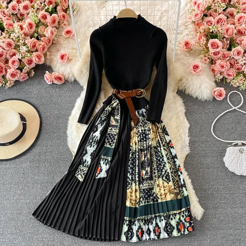 OCEANLOVE Print Vestidos Knitting Vintage Korean 2022 Autumn