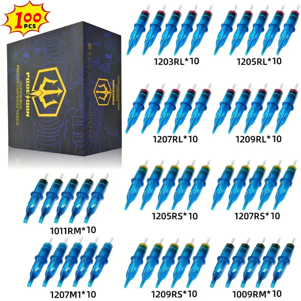 POSEIDON 100PCS Mixed Needle Professional Tattoo Cartridge Needles