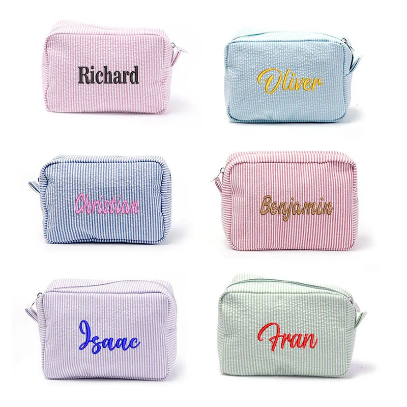 Personalized Large Capacity Striped Cosmetic Bag Custom Embroidered