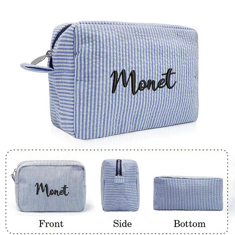 Personalized Large Capacity Striped Cosmetic Bag Custom Embroidered