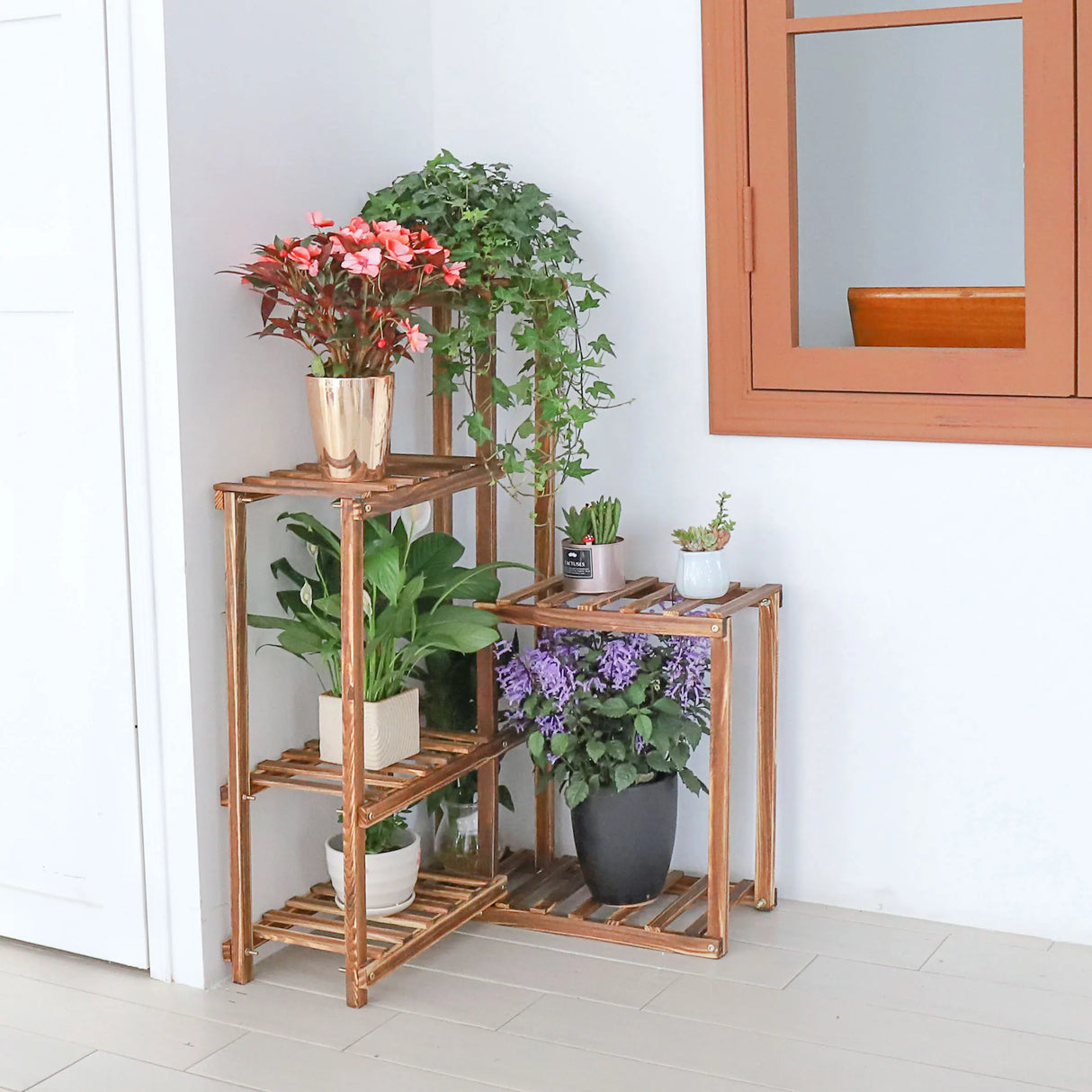 Plant Corner Stand 6 Tier Wood Shelf Indoor