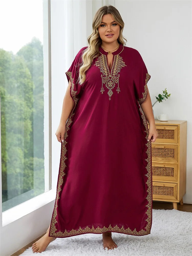 Plus Size 2024 Summer Bohemian Embroidery Sexy V