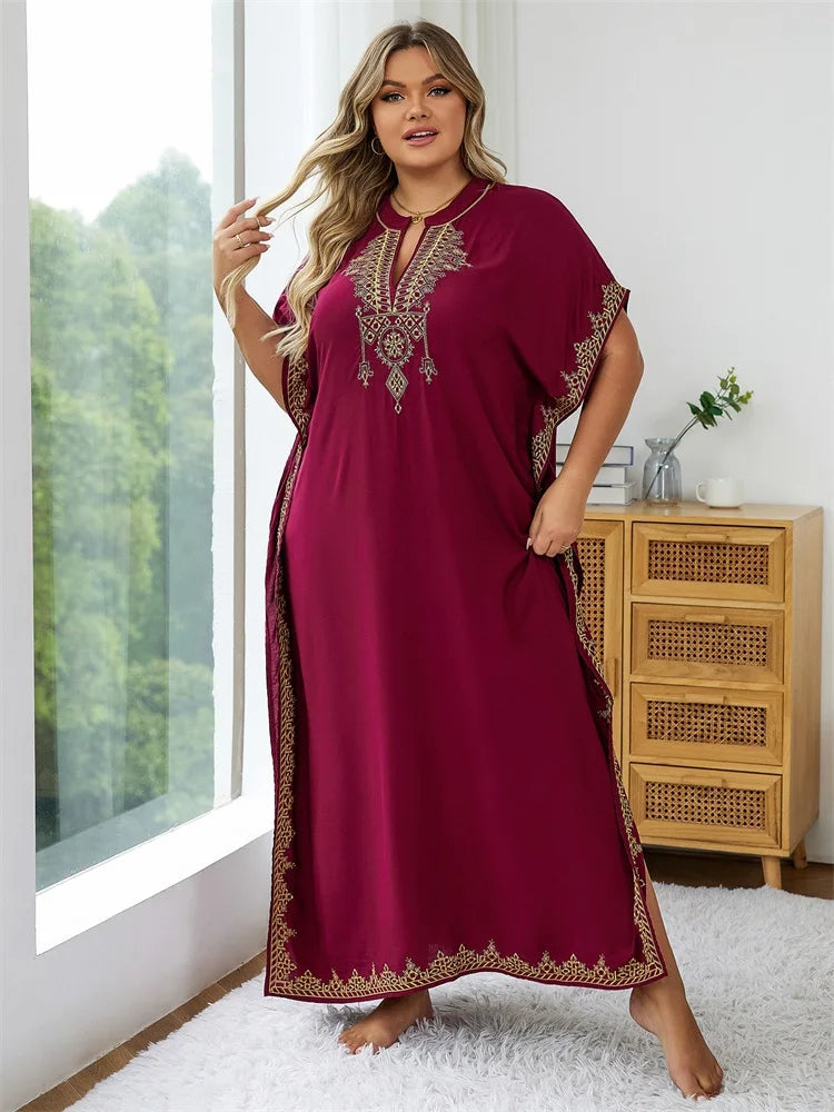Plus Size 2024 Summer Bohemian Embroidery Sexy V