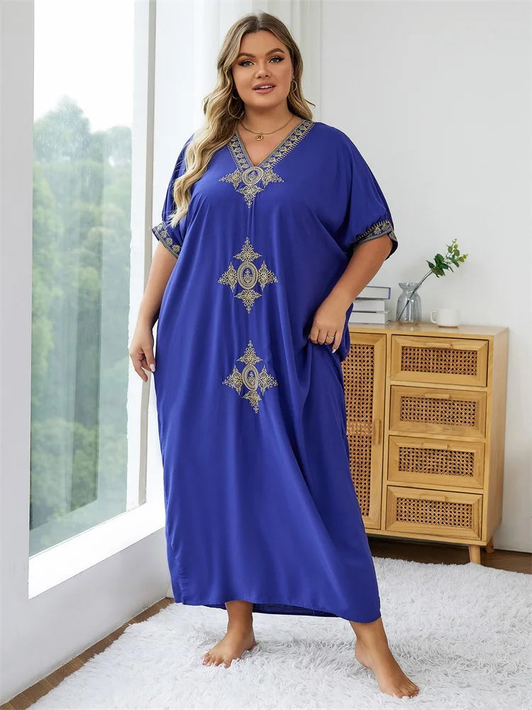 Plus Size 2024 Summer Bohemian Embroidery Sexy V