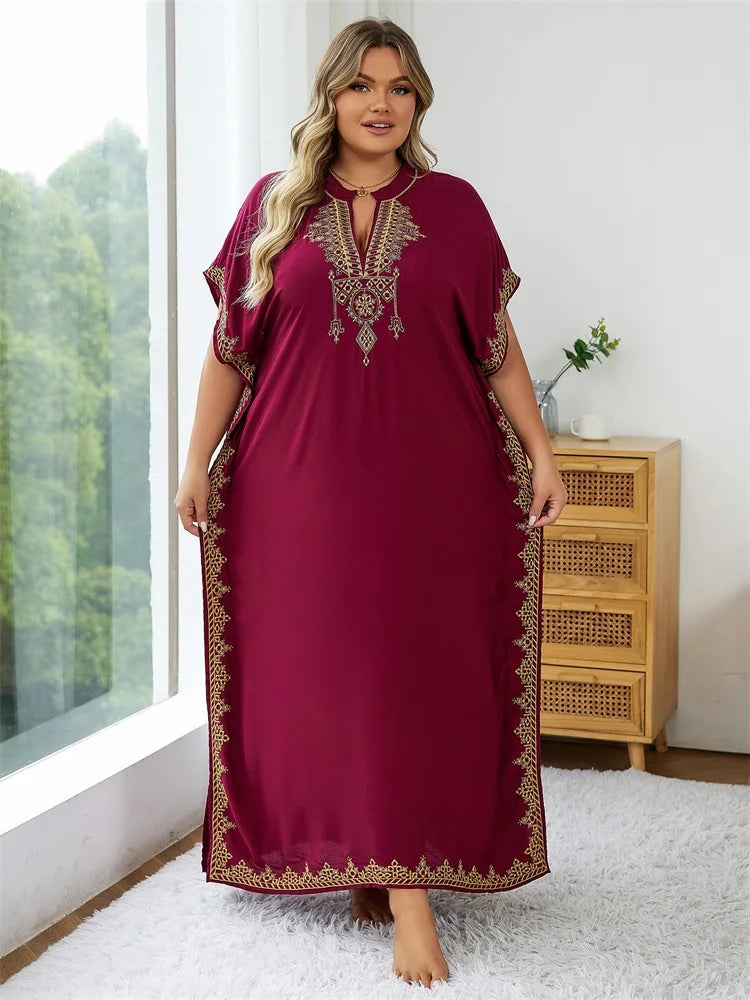 Plus Size 2024 Summer Bohemian Embroidery Sexy V