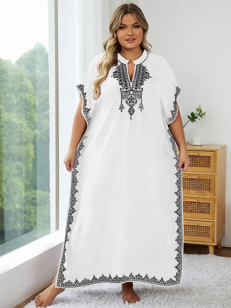 Plus Size 2024 Summer Bohemian Embroidery Sexy V