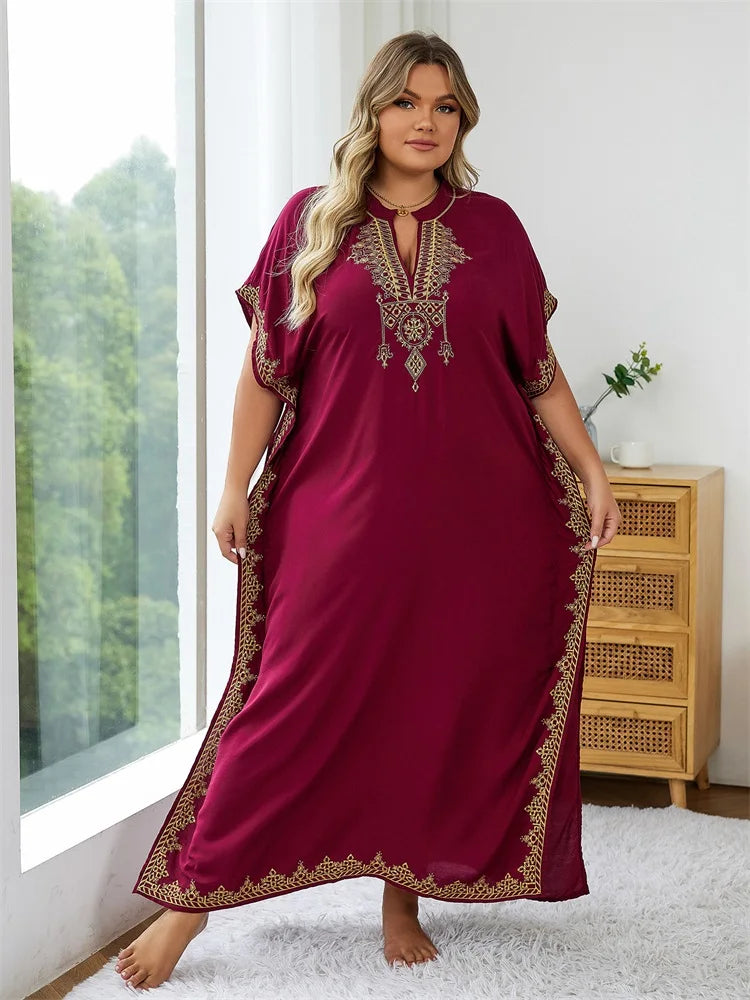 Plus Size 2024 Summer Bohemian Embroidery Sexy V