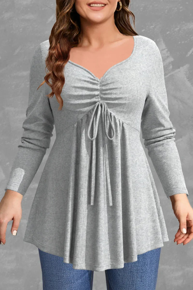 Plus Size Blouses Women Fashion Grey Rib Knit