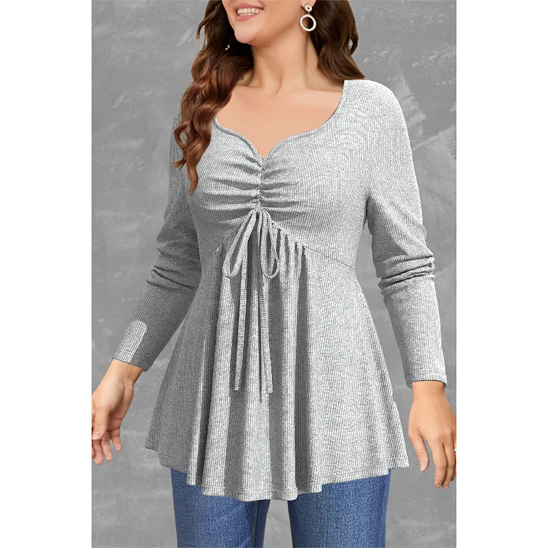 Plus Size Blouses Women Fashion Grey Rib Knit
