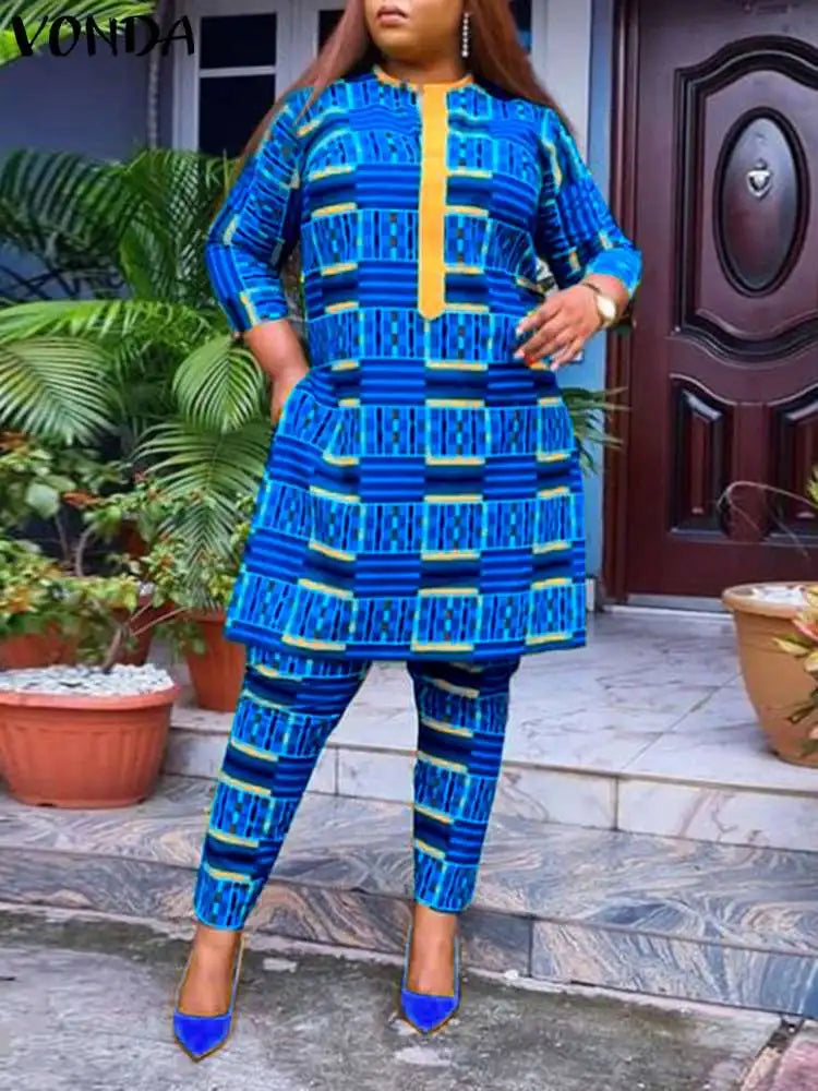Plus Size VONDA Bohemian Printed Matching Sets Women
